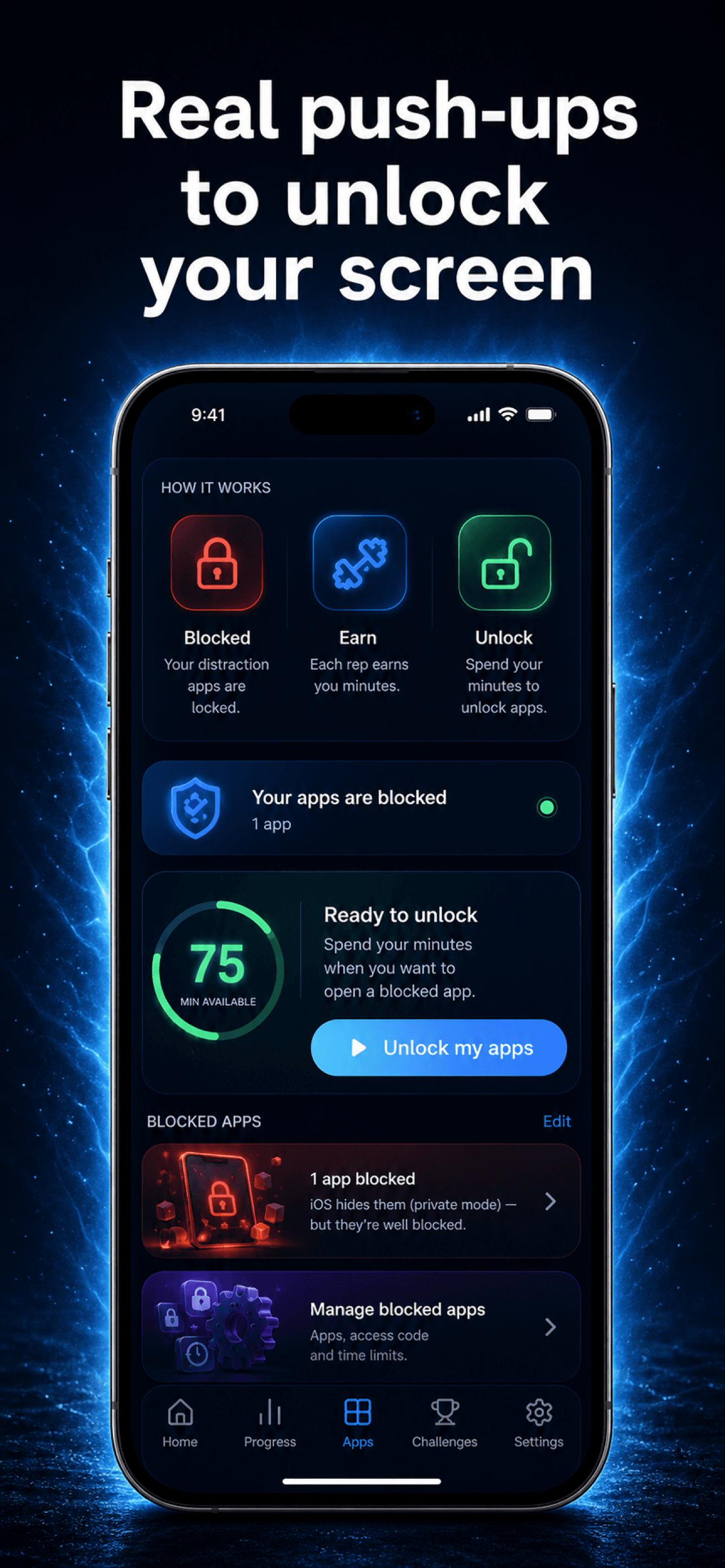 Grindly screen showing real app blocking
