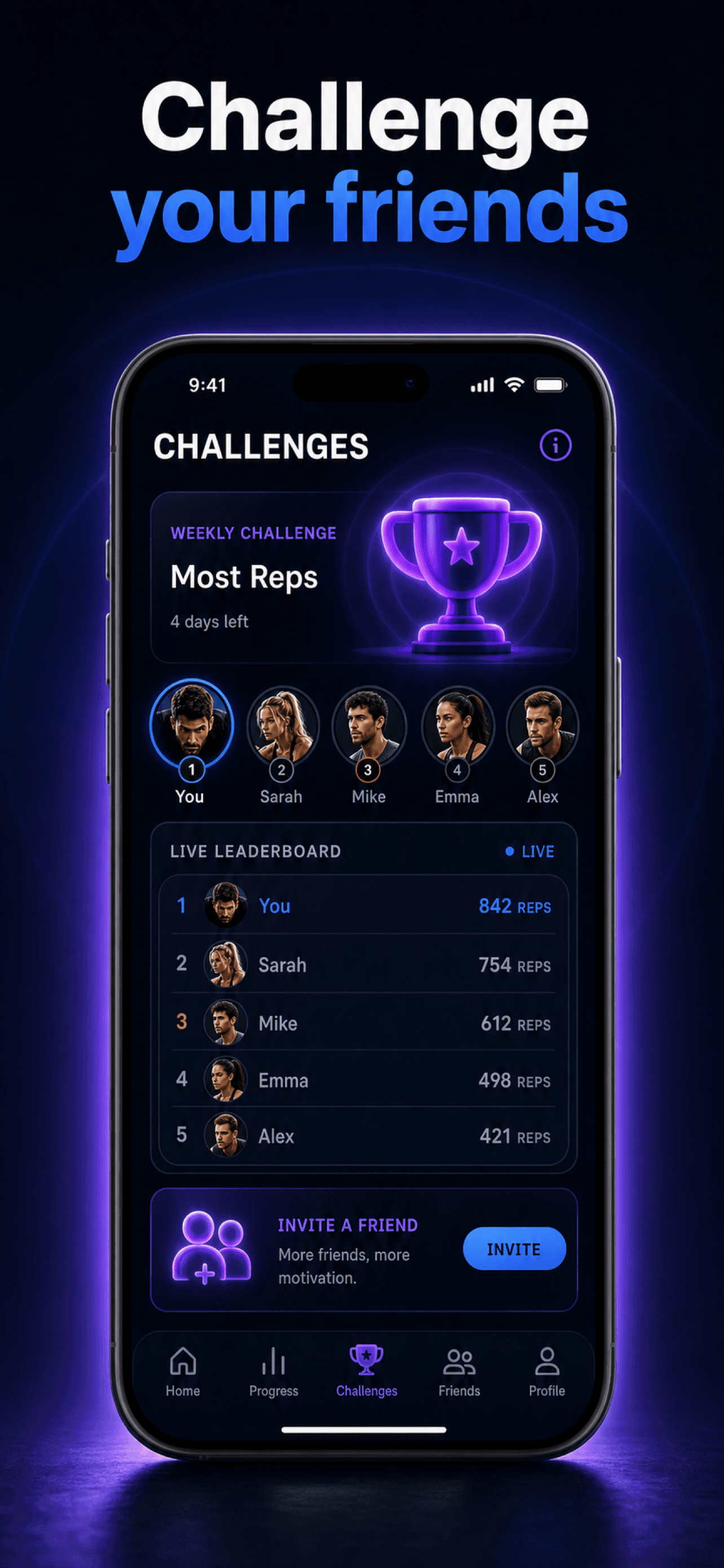 Grindly challenge screen with leaderboard