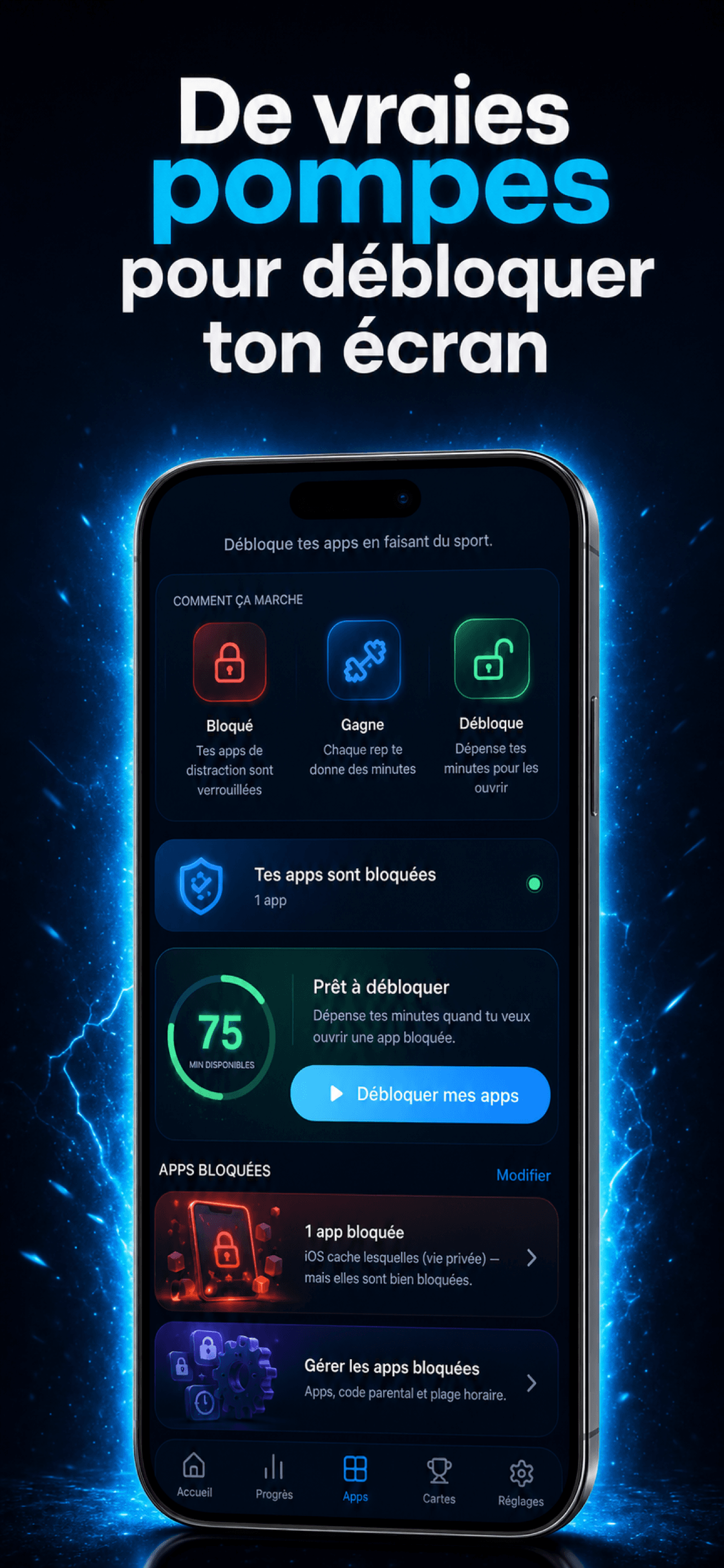 Écran Grindly montrant le verrouillage réel d'apps