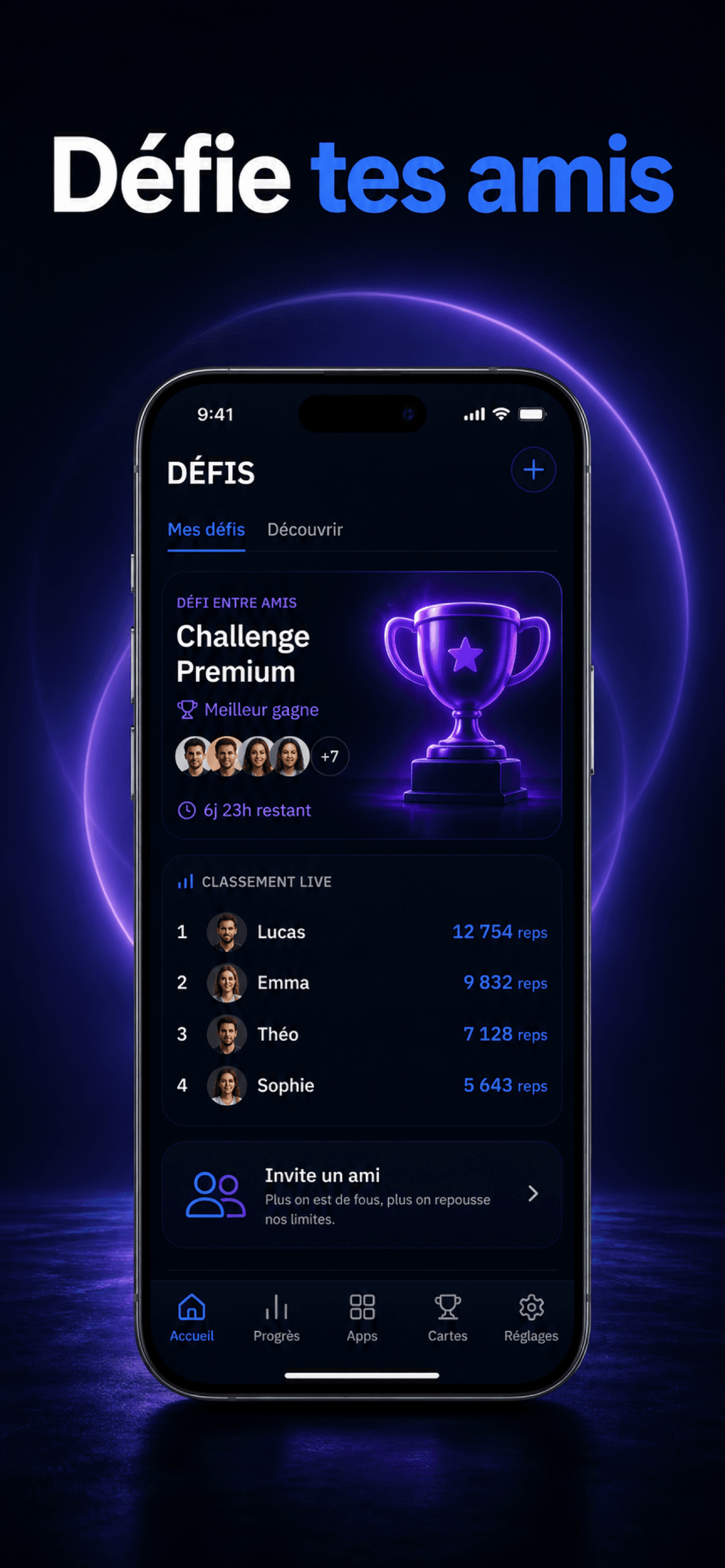 Écran défis Grindly avec classement entre amis