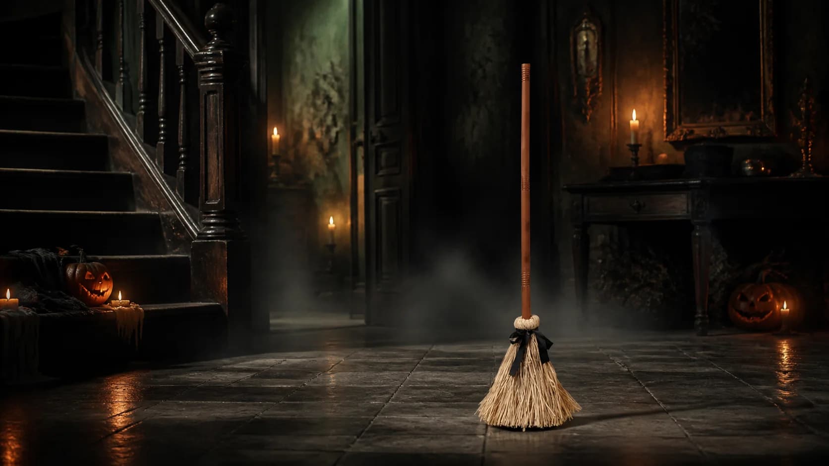 The HexBroom in a candlelit Wraith and Wick hallway