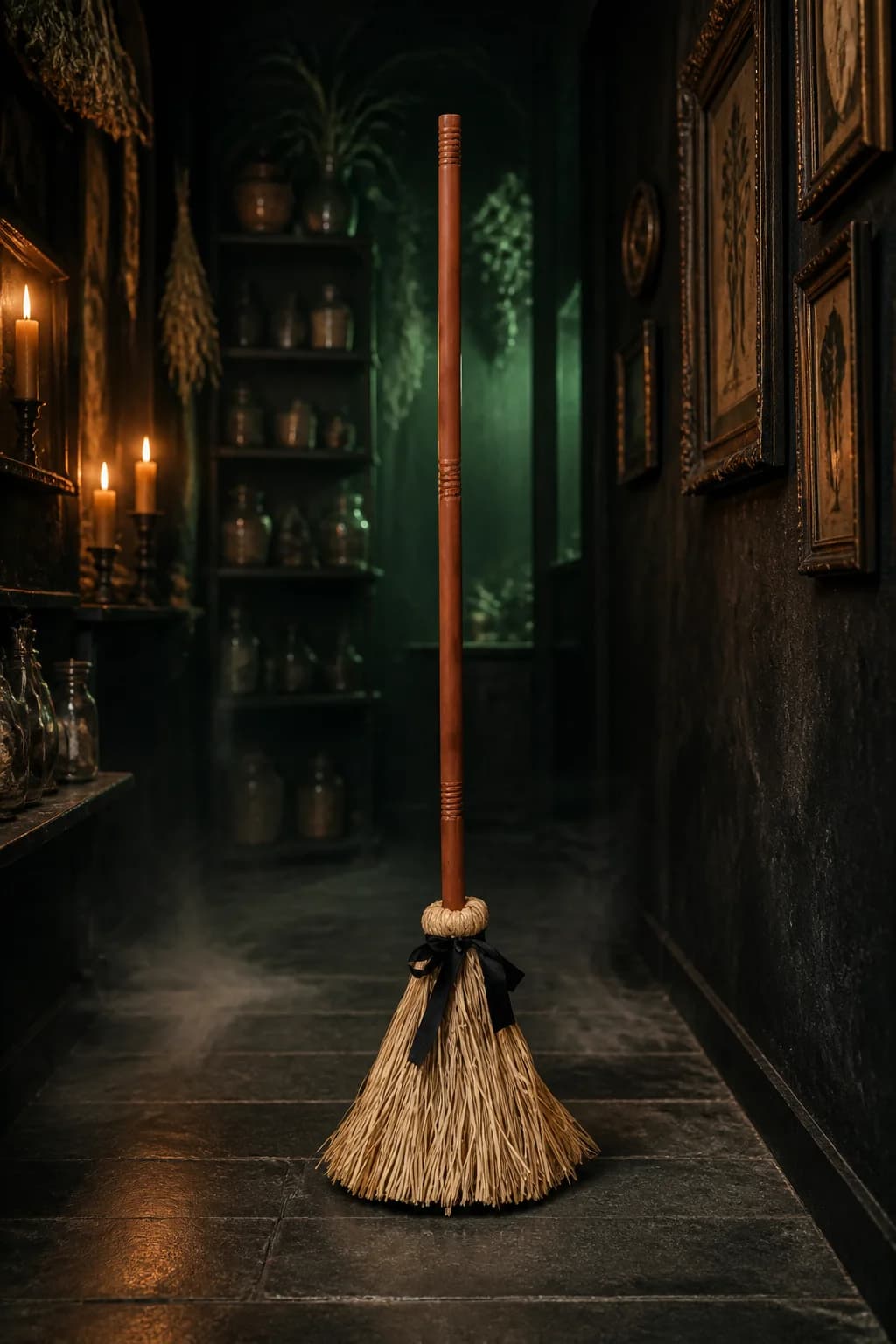 Full-length HexBroom in a dark apothecary corridor
