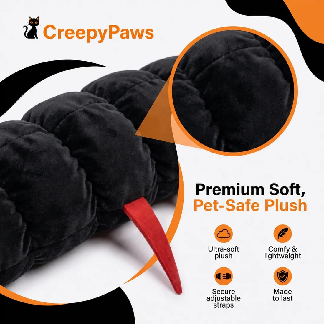 Close-up of the soft black plush CreepyPaws costume