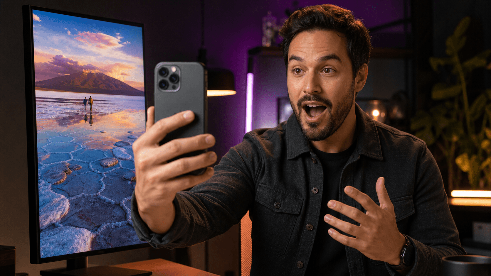 Creator filming a reaction video with Duovo on iPhone
