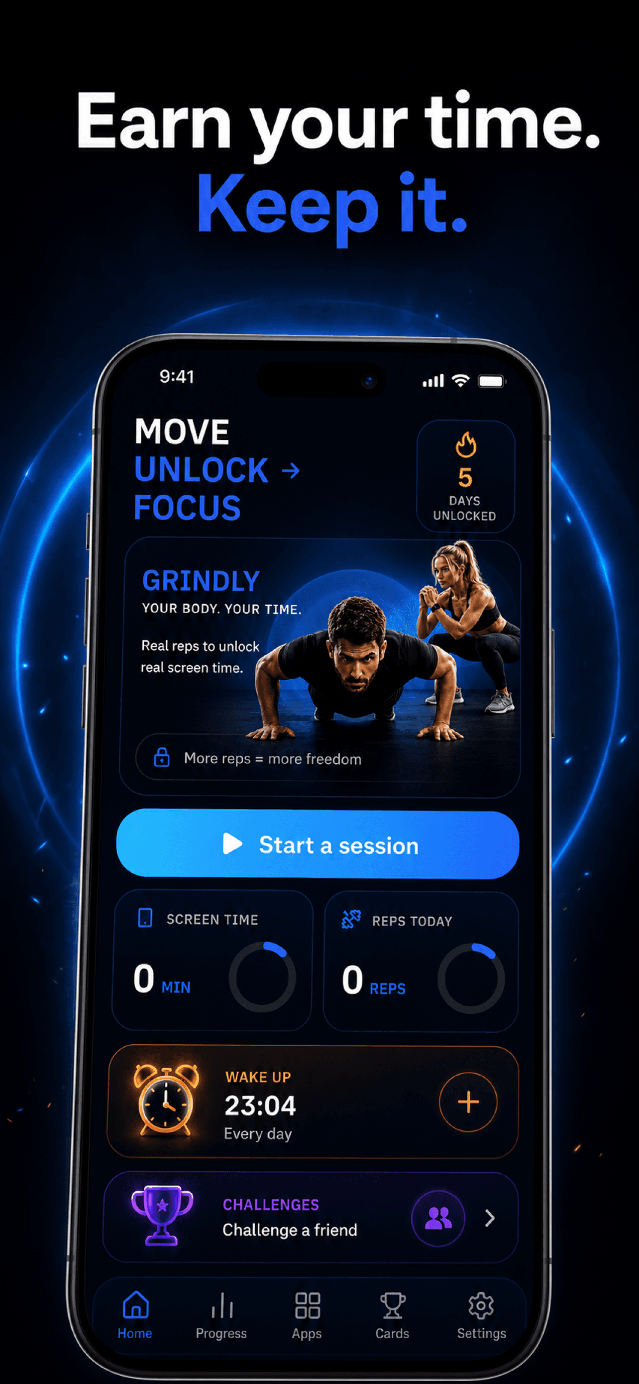 Grindly iPhone app showing the earned time home screen